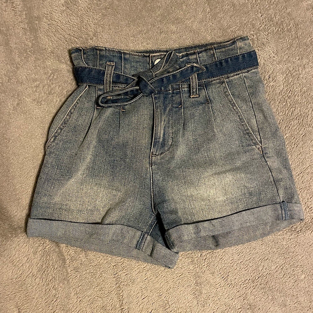cute denim shorts with tie! 
size: 25
condition: like new